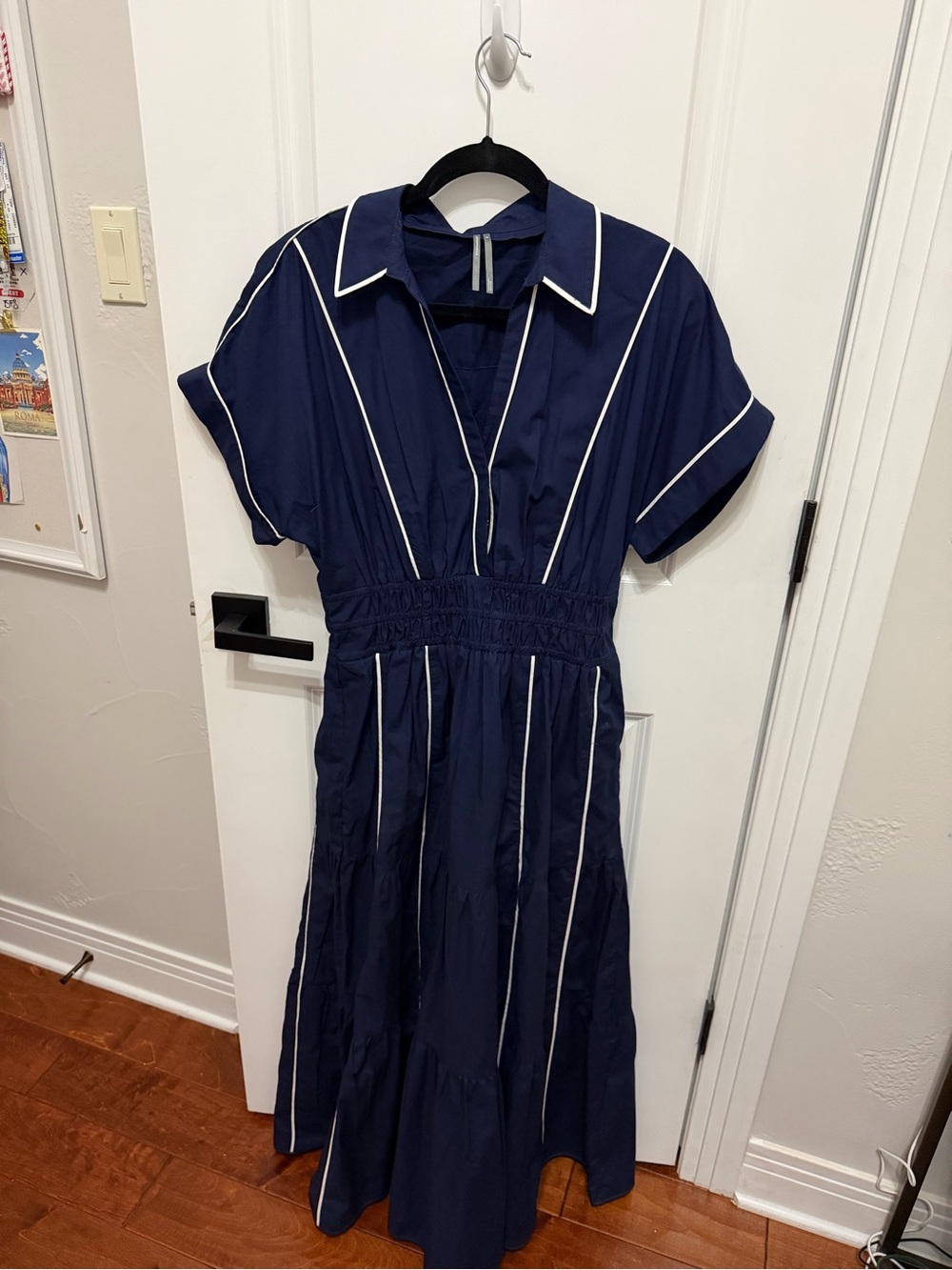 Anthropologie Navy Midi Dress with White Piping
